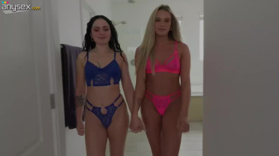 One big cock for 2 tight teen holes in POV FFM