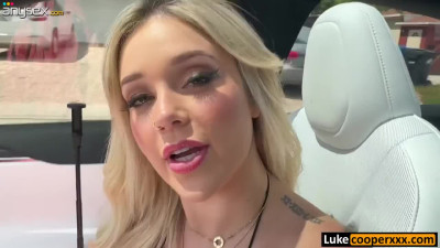 Busty blonde is having a hot fuck in a guy's car while no one's watching