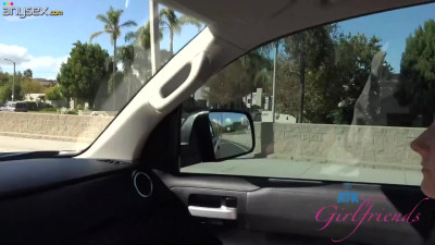 Cute young brunette with lovely hairy pussy gets fucked on the back seat