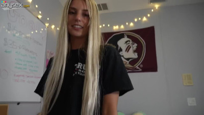 Blonde Ambie blows frat boy in the dorm room POV