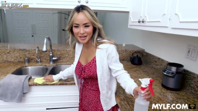 Fiery Asian blonde takes good care of strong young wood in filthy tryout