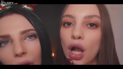 Two pretty deer are pleasing two guys in a vigorous orgy as a Christmas gift