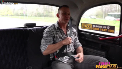 Blonde fake taxi driver Nathaly Cherie oils up her boobs to seduce a passenger