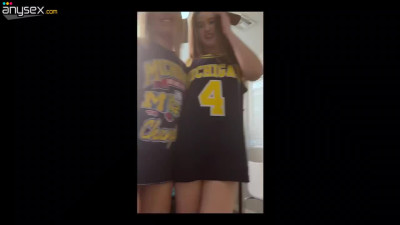 Slutty college girls share stiff cock in dorm in vertical POV threesome