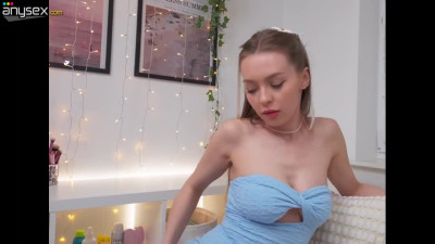 Blonde Lis mounts a thick cock in her blue dress POV